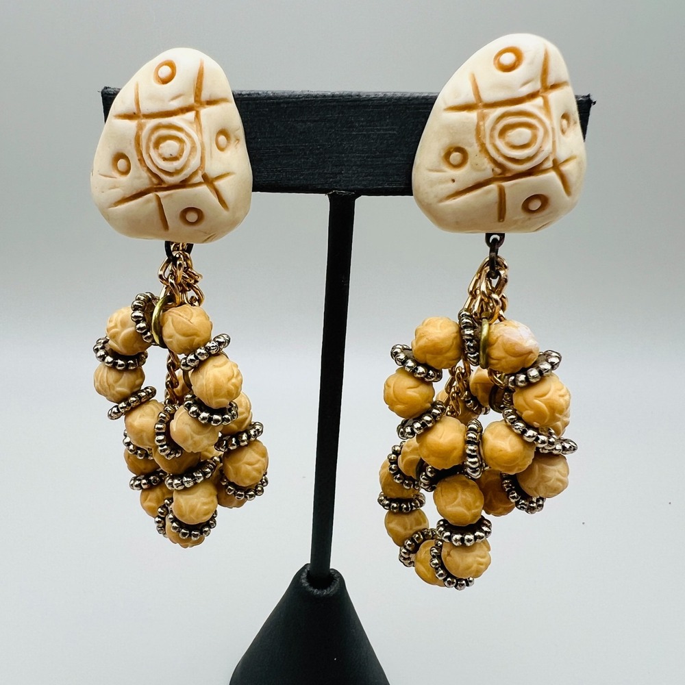 Boho Style Dangle Earrings Cluster Cream Bead Floral Statement Tribal Vintage